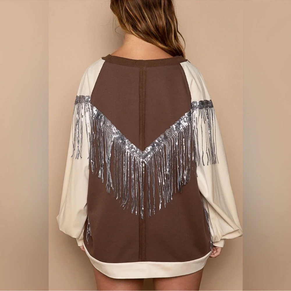 POL Brown & Ivory LOVE Sequin Fringe Statement Top - Picture 3 of 8